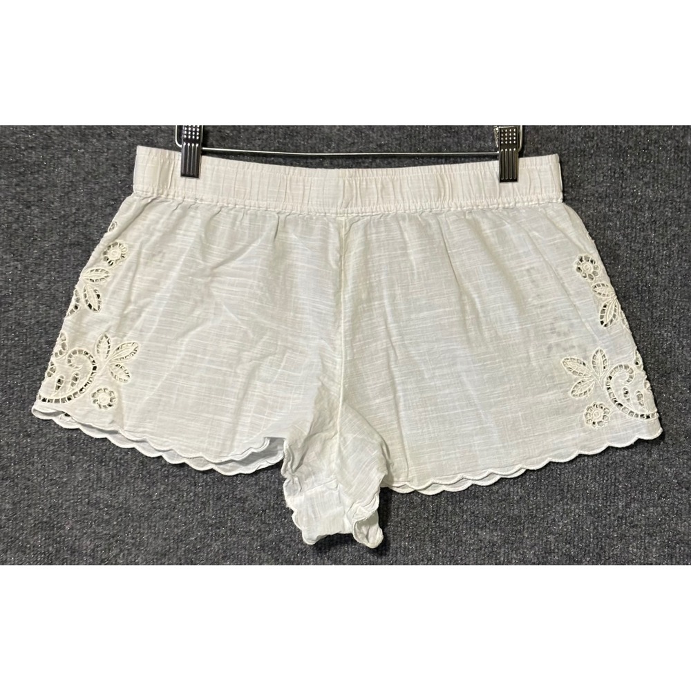 Anthropologie Women M White Eyelet Pajama Shorts Scalloped Hem Elastic Waist